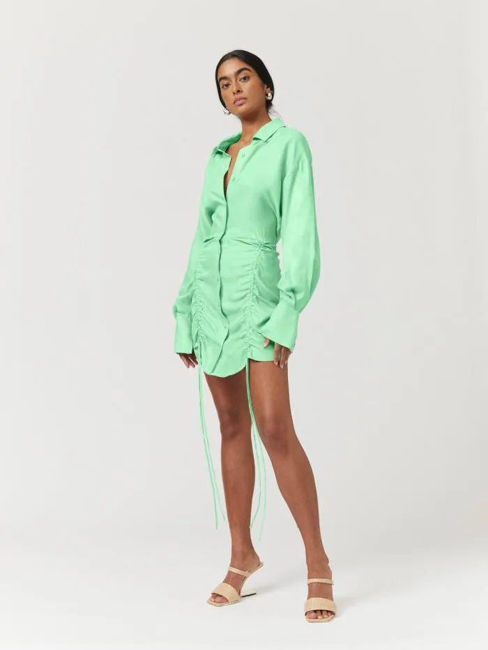 Shop SUBOO Dresses Halley Rouched Mini Shirt Dress 8211 Apple Green