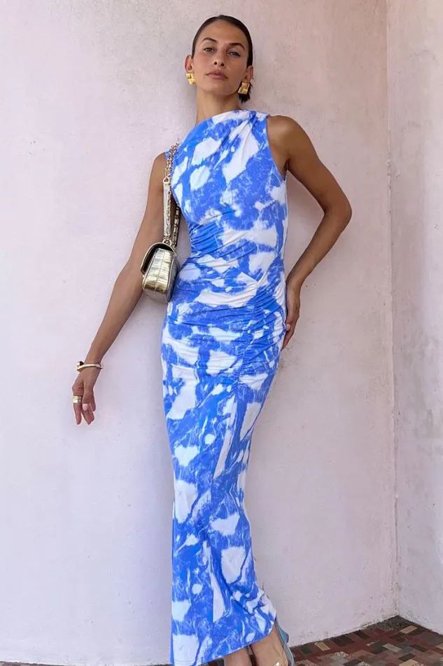 Shop SUBOO Dresses Marble Sleeveless Ruched Maxi Dress 8211 Marble Print