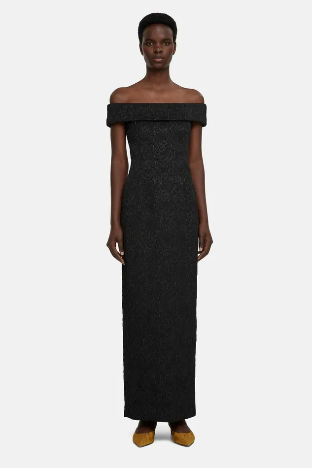 Sima Off The Shoulder Gown in Black Seersucker Cloque Dresses Emilia Wickstead Women