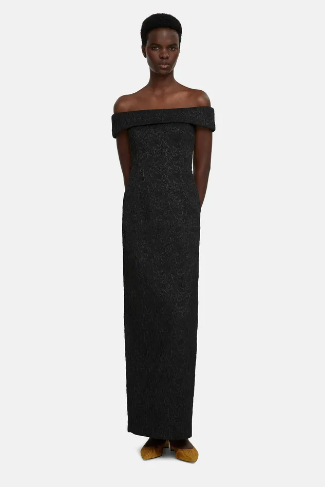 Sima Off The Shoulder Gown in Black Seersucker Cloque Dresses Emilia Wickstead Women