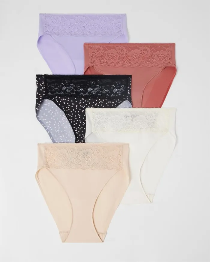 Soma Vanishing Edge Microfiber HighLeg Briefs With Lace 5 Pack Leafy Lines Multipack Women Panties