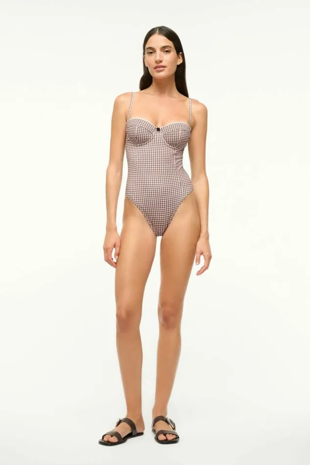 STAUD Swim MAEVE ONE PIECE Dark Chocolate Micro Check 8211 Women STAUD Swim MAEVE ONE PIECE Dark Chocolate Micro Check 8211 Women