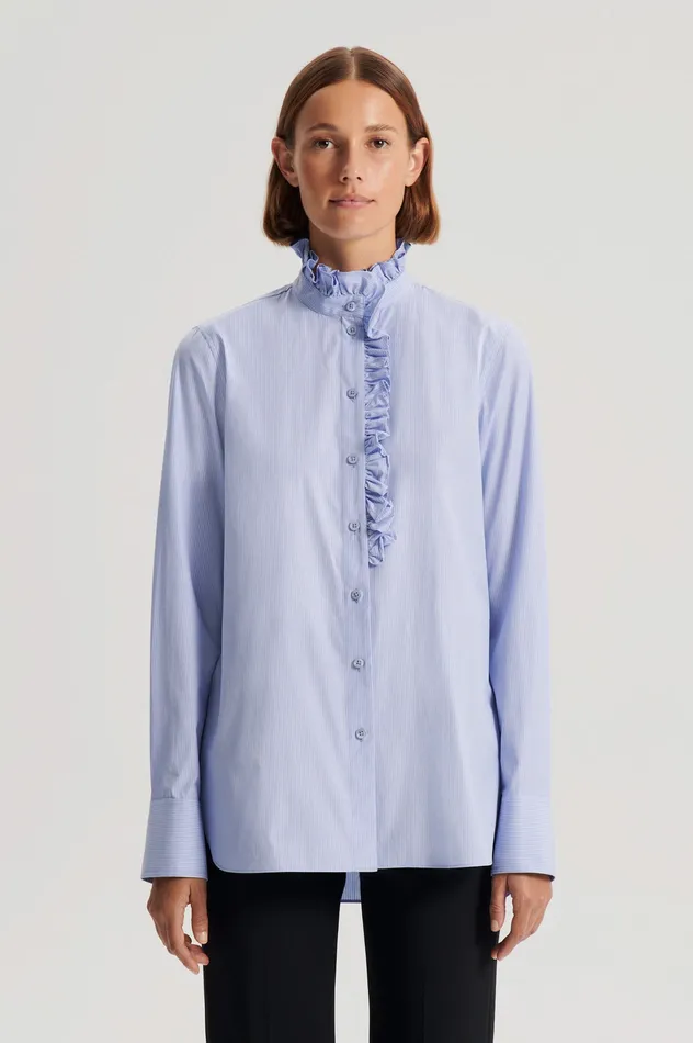STRIPE RUFFLE TRIM SHIRT PALEBLUE Shirts Scanlan Theodore Women STRIPE RUFFLE TRIM SHIRT PALEBLUE Shirts Scanlan Theodore Women