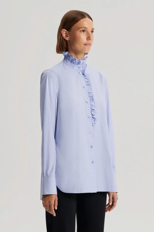 STRIPE RUFFLE TRIM SHIRT PALEBLUE Shirts Scanlan Theodore Women STRIPE RUFFLE TRIM SHIRT PALEBLUE Shirts Scanlan Theodore Women