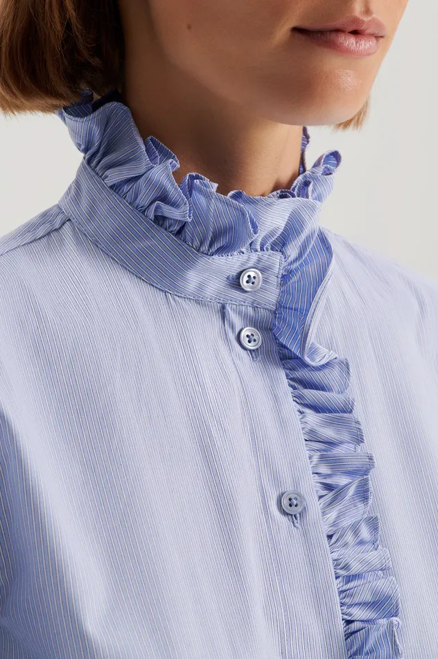 STRIPE RUFFLE TRIM SHIRT PALEBLUE Shirts Scanlan Theodore Women STRIPE RUFFLE TRIM SHIRT PALEBLUE Shirts Scanlan Theodore Women