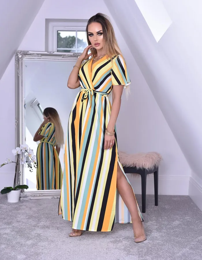 Sunshine Stripe Wrap Slit Maxi Dress Women Missfiga Wrap Dresses