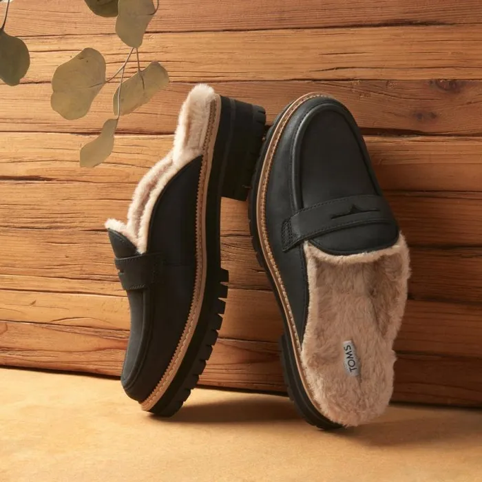 Toms Flats and Loafers Cara Mule Cozy Loafer Black Faux Fur Leather 8211 Women Toms Flats and Loafers Cara Mule Cozy Loafer Black Faux Fur Leather 8211 Women