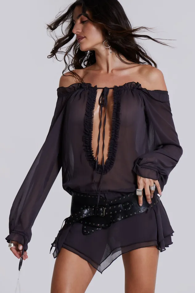 Tops Jaded London Women Shop Lorenza Sheer Bardot Dress in Dusk