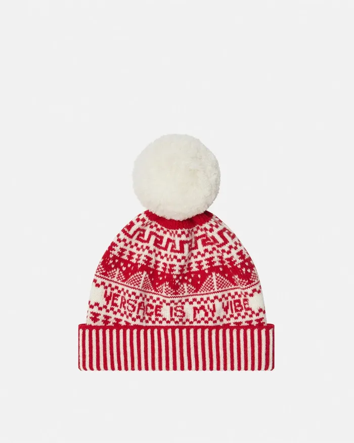 Versace Bags and Accessories Kids Fair Isle Jacquard Knit Beanie White