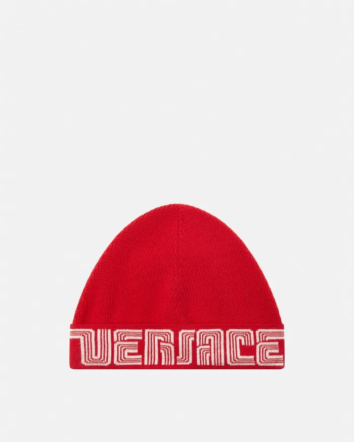 Versace Bags and Accessories Kids Volcanico Logo Knit Beanie Red