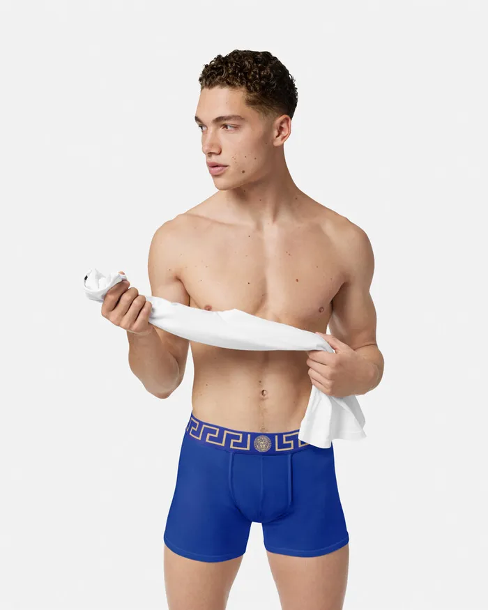 Versace Boxers Men Greca Border Long Trunks Blue