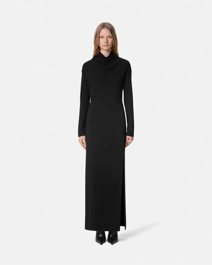 Versace Dresses Women Cady DrapedNeck Slit Gown Black