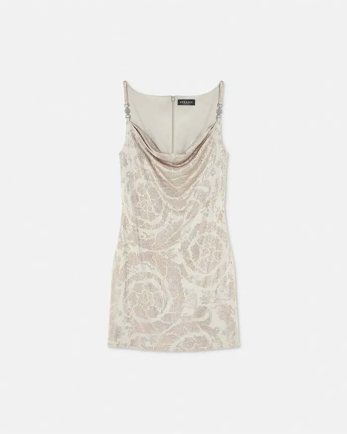 Versace Dresses Women Crystal Barocco Cowl Slip Mini Dress Beige