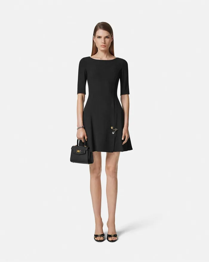 Versace Dresses Women Safety Pin Flared Matte Satin Mini Dress Black