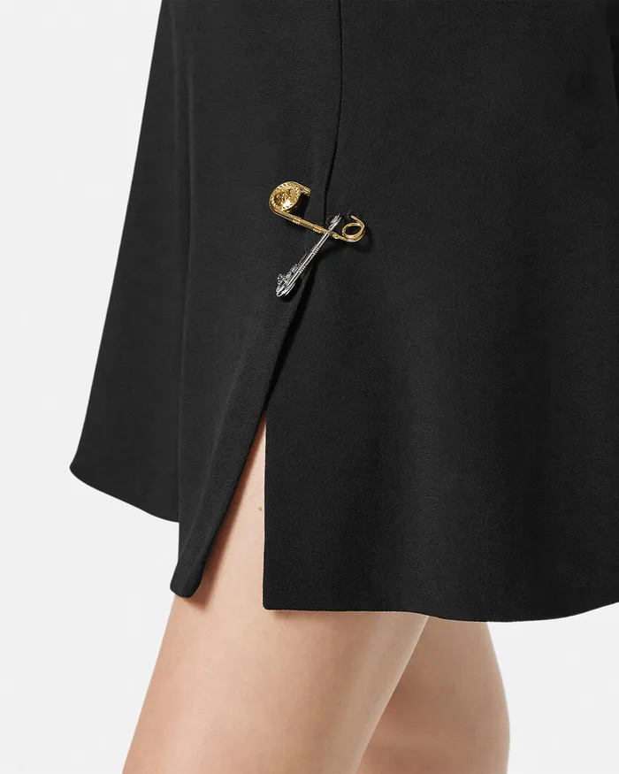 Versace Dresses Women Safety Pin Flared Matte Satin Mini Dress Black