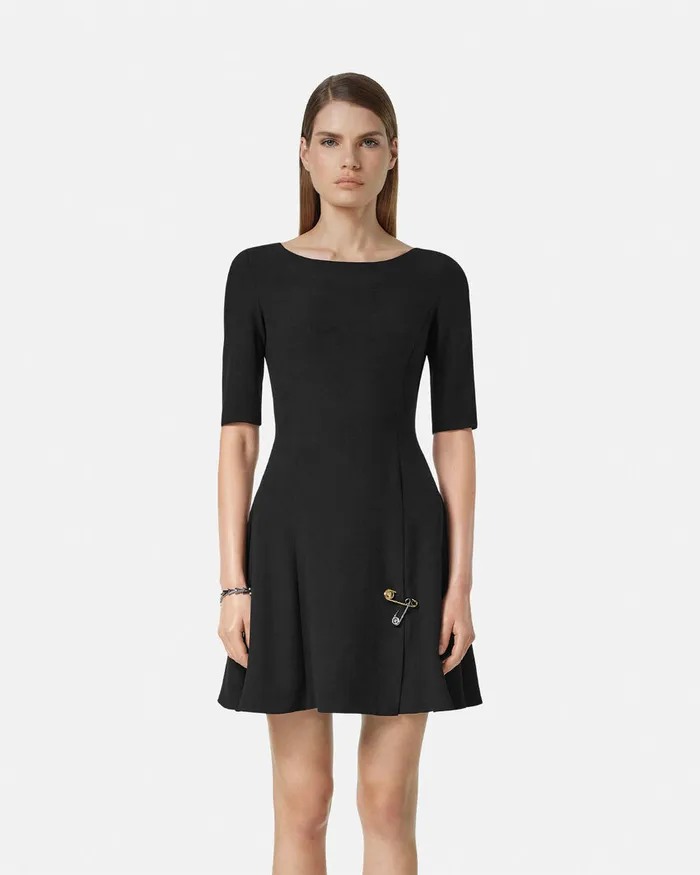 Versace Dresses Women Safety Pin Flared Matte Satin Mini Dress Black