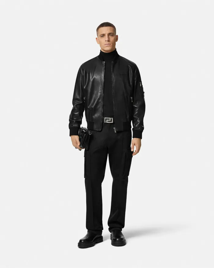 Versace Jackets and Coats Men Leather Bomber Jacket Black
