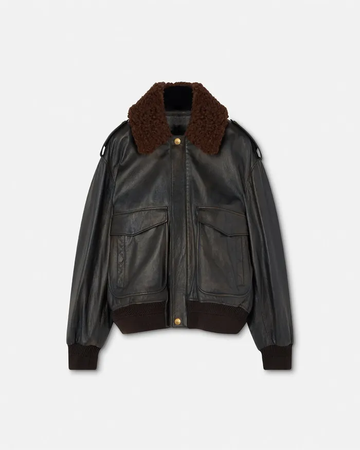Versace Jackets and Coats Men ShearlingCollar Leather Bomber Jacket Black