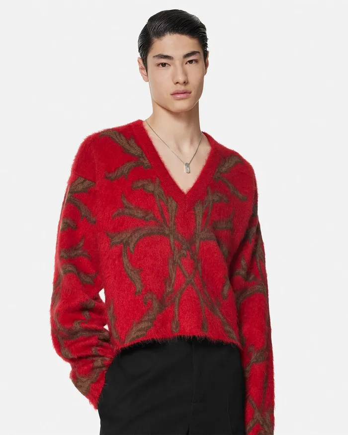 Versace Knitwear Men Acanthus Leaves MohairBlend Sweater Red