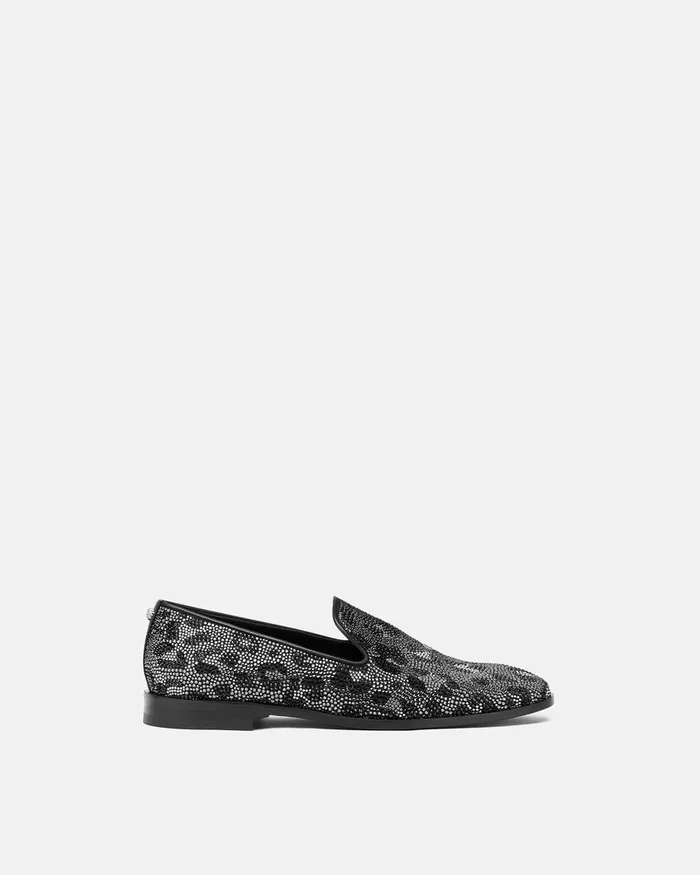 Versace Loafers and Slippers Men Crystal Leopard Medusa Slippers Blacksilver