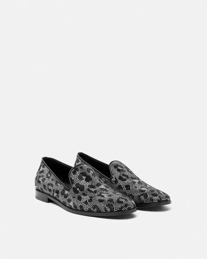 Versace Loafers and Slippers Men Crystal Leopard Medusa Slippers Blacksilver