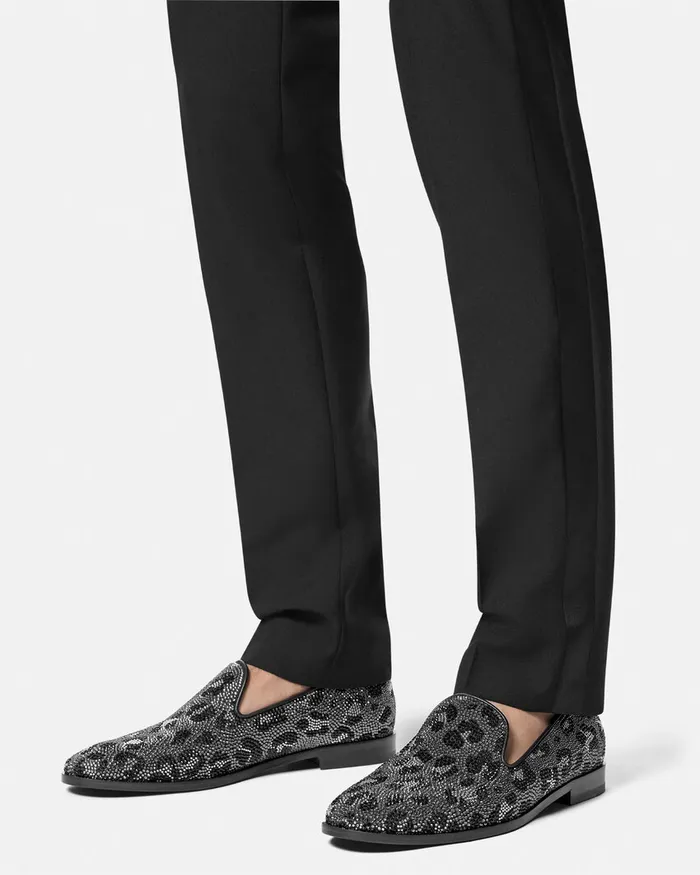Versace Loafers and Slippers Men Crystal Leopard Medusa Slippers Blacksilver