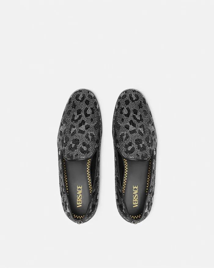 Versace Loafers and Slippers Men Crystal Leopard Medusa Slippers Blacksilver