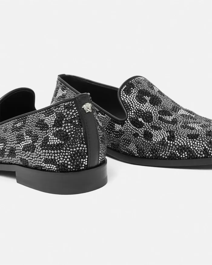 Versace Loafers and Slippers Men Crystal Leopard Medusa Slippers Blacksilver