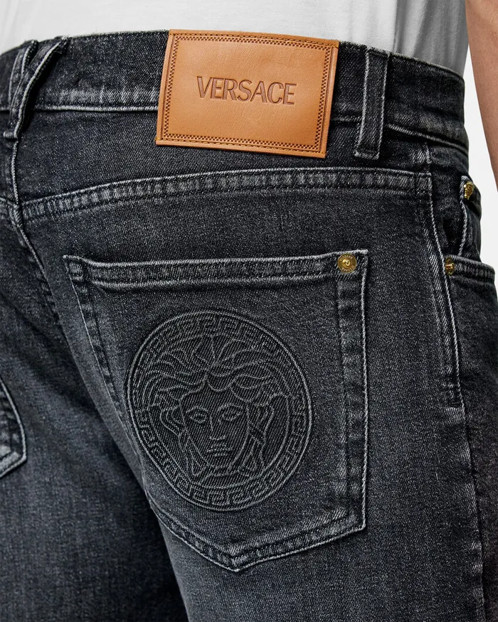 Versace Pants and Shorts Men Embroidered Medusa SlimFit Jeans Black