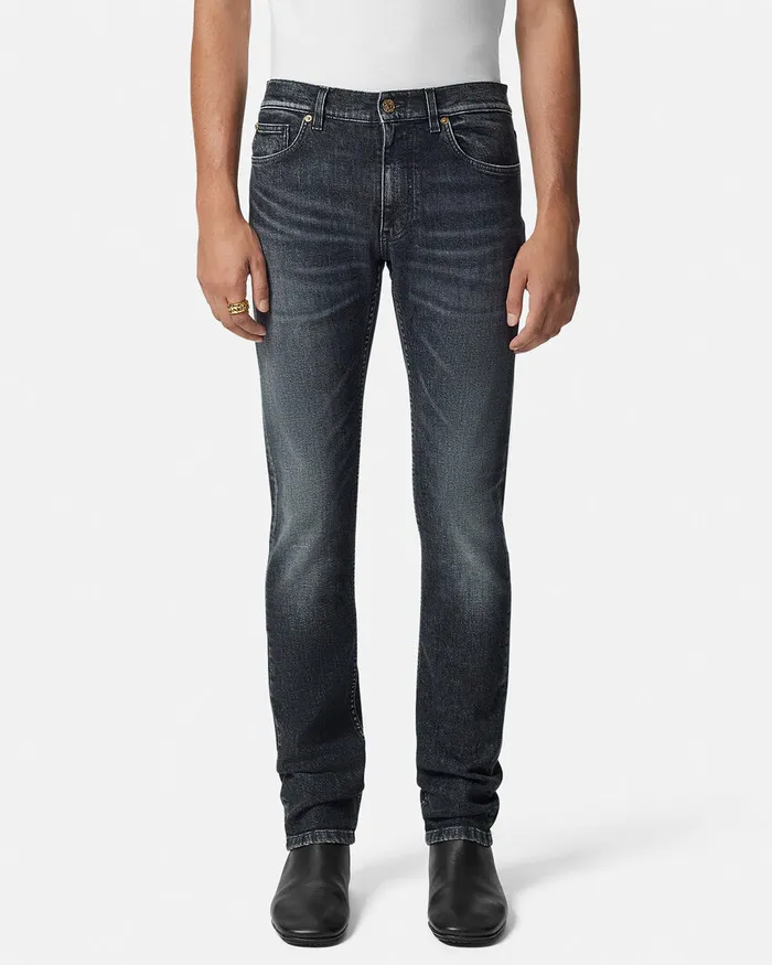 Versace Pants and Shorts Men Embroidered Medusa SlimFit Jeans Black