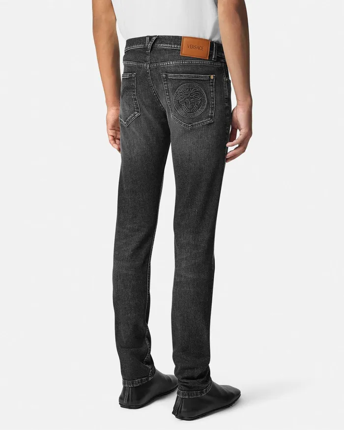Versace Pants and Shorts Men Embroidered Medusa SlimFit Jeans Black