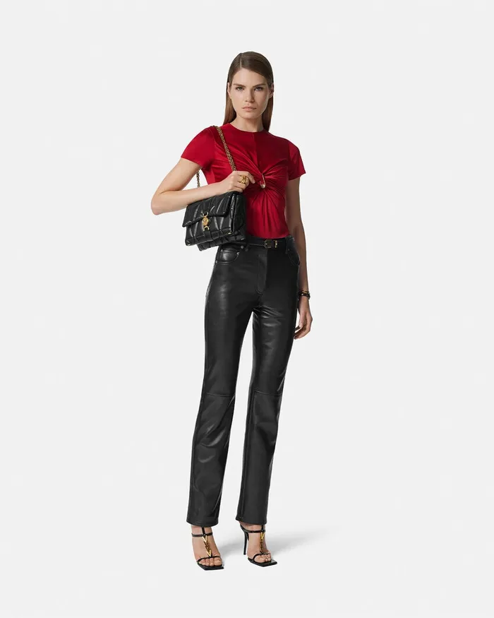 Versace Pants and Shorts Women Plong Leather StraightFit Pants Black