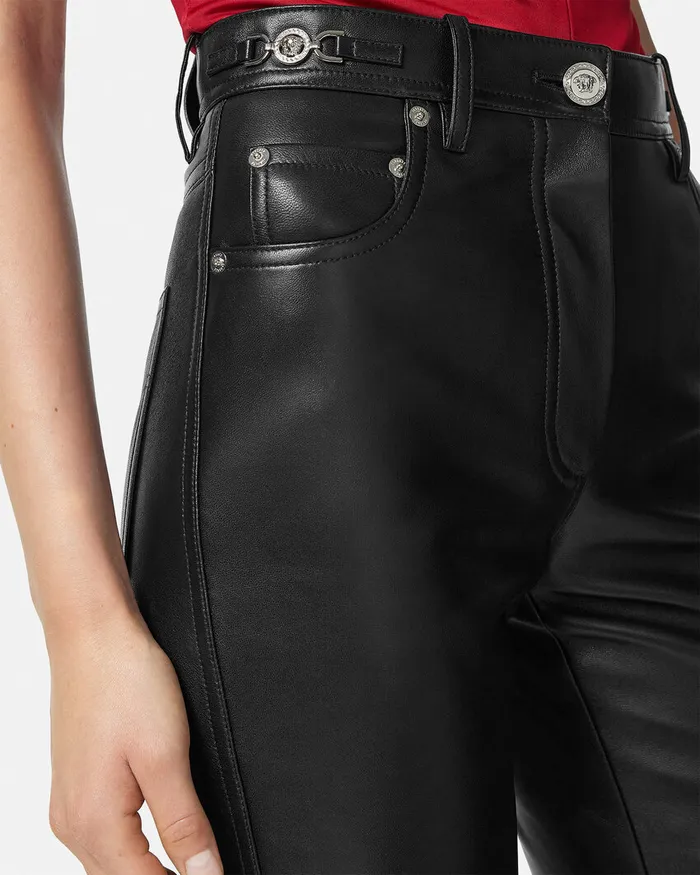 Versace Pants and Shorts Women Plong Leather StraightFit Pants Black