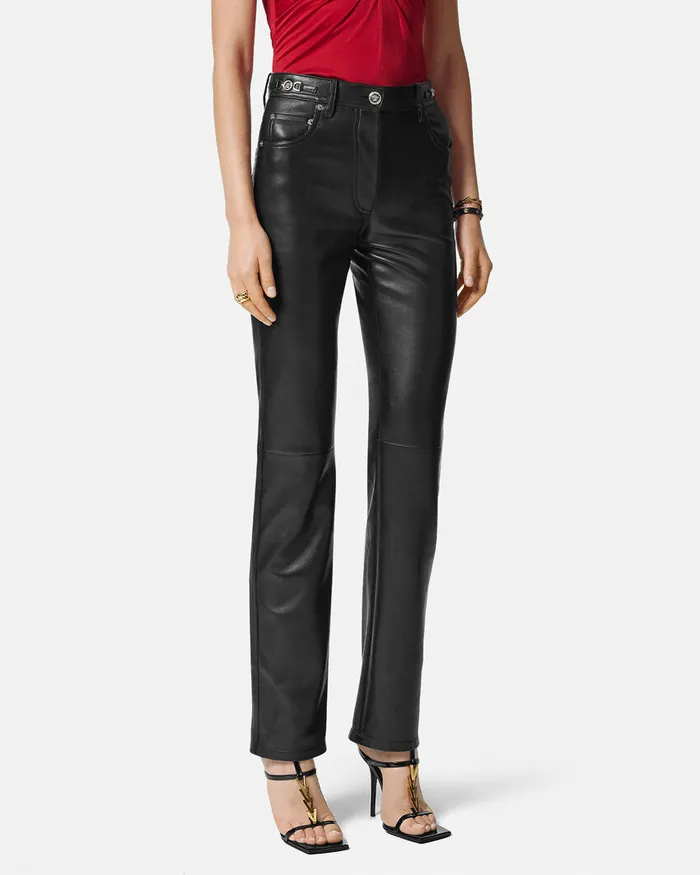 Versace Pants and Shorts Women Plong Leather StraightFit Pants Black