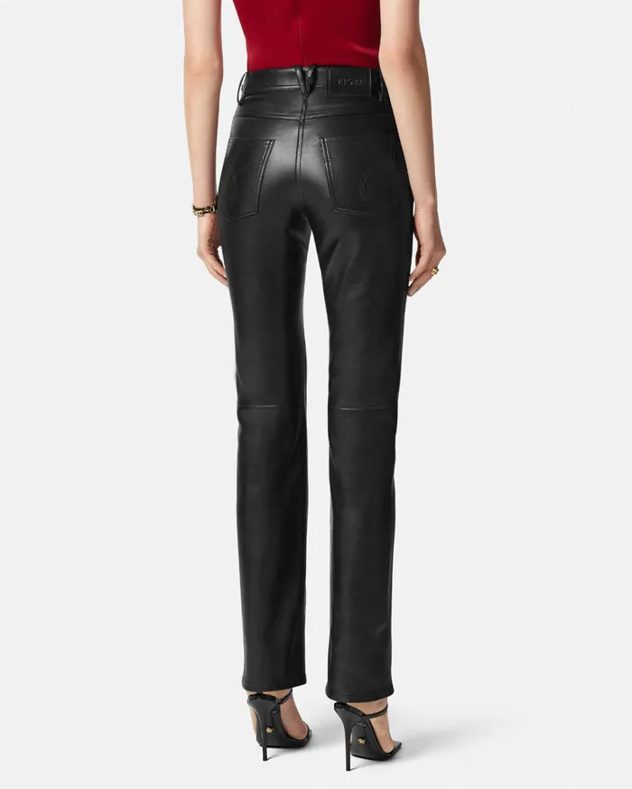 Versace Pants and Shorts Women Plong Leather StraightFit Pants Black