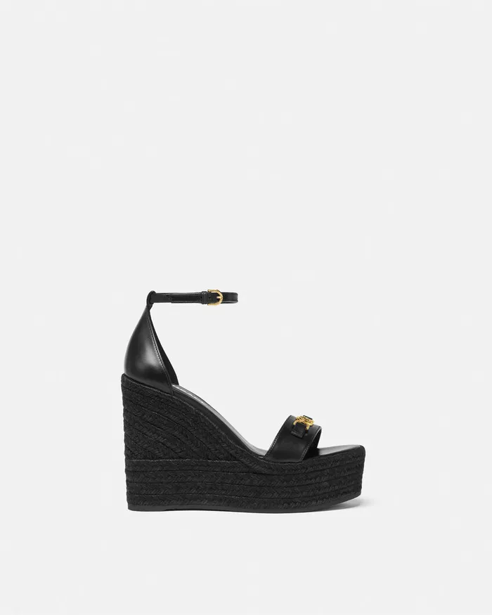 Versace Sandals Women Medusa 03995 Leather Wedge Sandals 120 Mm Blackgold