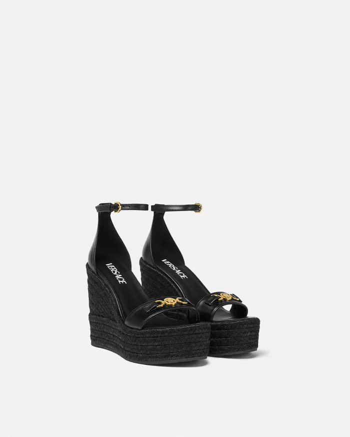Versace Sandals Women Medusa 03995 Leather Wedge Sandals 120 Mm Blackgold