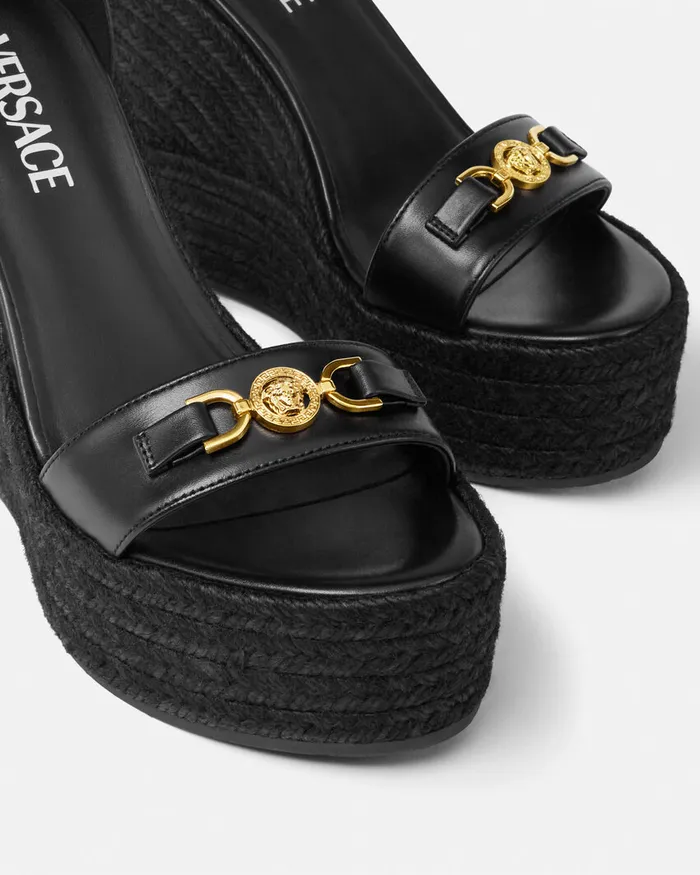 Versace Sandals Women Medusa 03995 Leather Wedge Sandals 120 Mm Blackgold