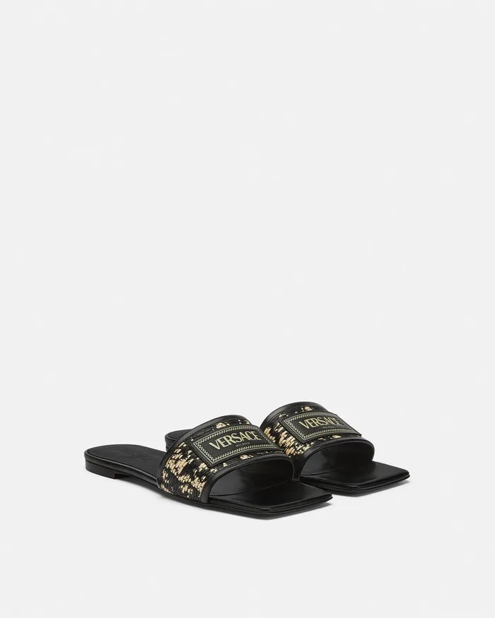 Versace Sandals Women Theia Barocco Raffia Flats Blackprint