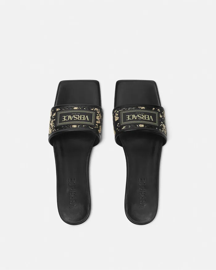 Versace Sandals Women Theia Barocco Raffia Flats Blackprint