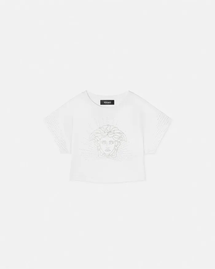 Versace Shirts and Tshirts Kids Crystal Medusa Crop TShirt Whitesilver