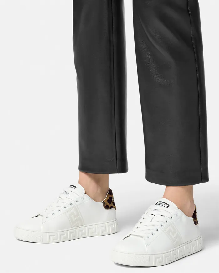 Versace Sneakers Women Leopard Embroidered Greca Sneakers White