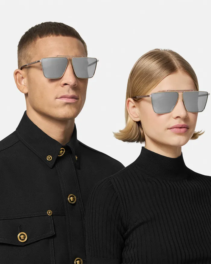 Versace Sunglasses Men Tubular Greca Sunglasses Silver