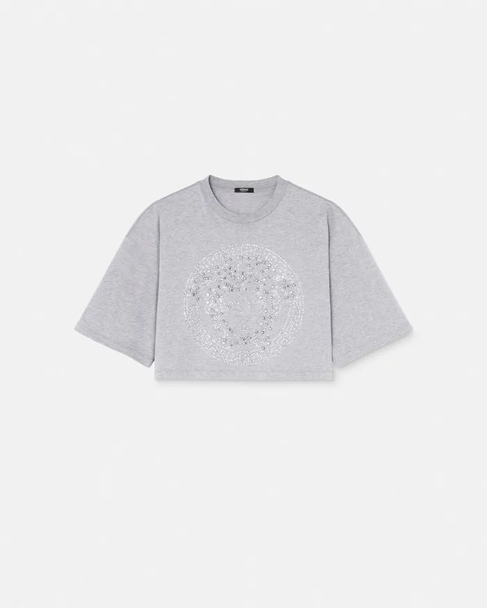 Versace TShirts and Sweatshirts Women Crystal Medusa Crop Boxy TShirt Gray