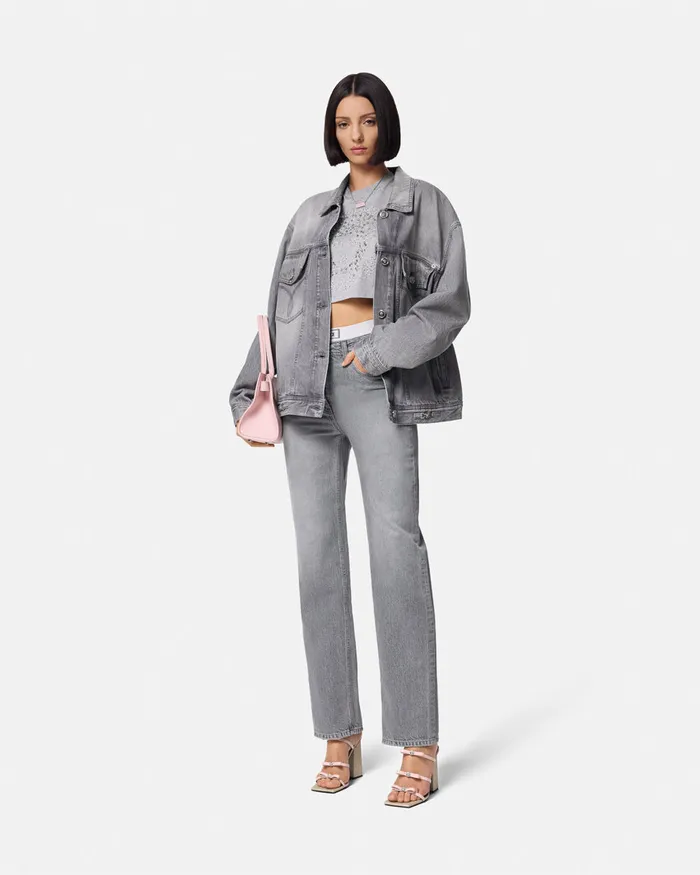 Versace TShirts and Sweatshirts Women Crystal Medusa Crop Boxy TShirt Gray