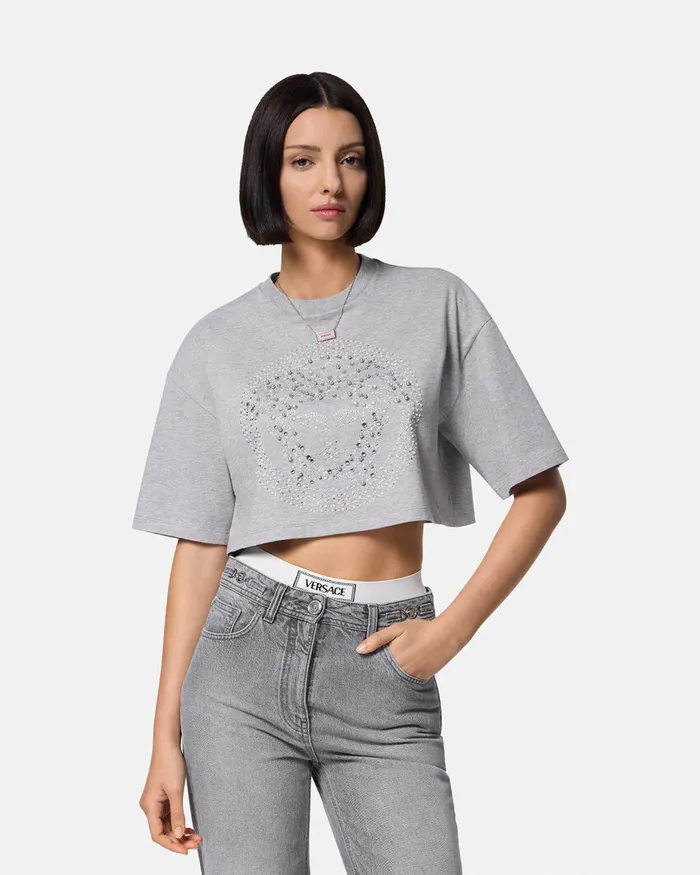 Versace TShirts and Sweatshirts Women Crystal Medusa Crop Boxy TShirt Gray