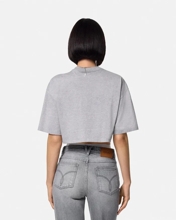 Versace TShirts and Sweatshirts Women Crystal Medusa Crop Boxy TShirt Gray
