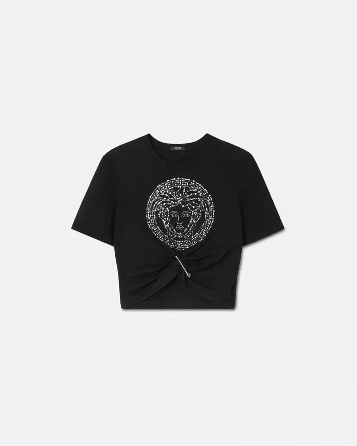 Versace TShirts and Sweatshirts Women Embellished Medusa Safety Pin Crop TShirt Black