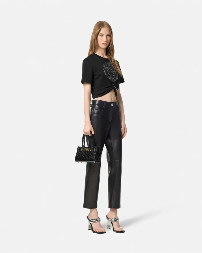 Versace TShirts and Sweatshirts Women Embellished Medusa Safety Pin Crop TShirt Black