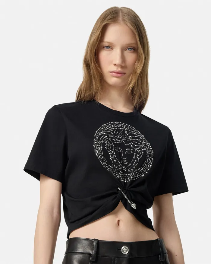 Versace TShirts and Sweatshirts Women Embellished Medusa Safety Pin Crop TShirt Black